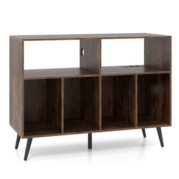 Costway Soporte para Tocadiscos con Estación de Carga con 5 Patas Metálicas Puertos USB y Type-C 100 x 40 x 74,5 cm Marrón y Negro