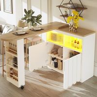 mesa de bar extensible 135-205x39x100 cm movil led espacio de almacenamiento diseno blanco