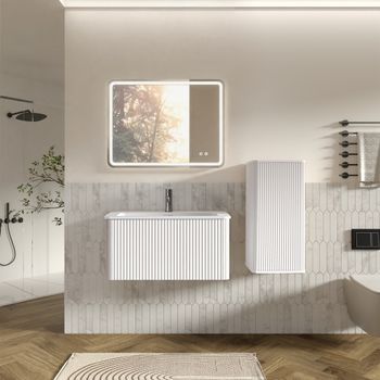 Conjunto Mueble De Baño Con Lavabo Y Espejo Led, Suspendido Blanco De 60 Cm