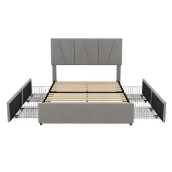 Cama De Adulto Acolchada 140x200cm En Terciopelo Con 4 Cajones Y Cabecero Ajustable Gris
