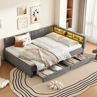 cama tapizada de 140 x 200 cm con 2 cajones y compartimentos sofa cama - carga usb y tipo c con led - tejido de lino - gris sin colchon