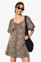 vestido mini de leopardo con mangas abullonadas brown