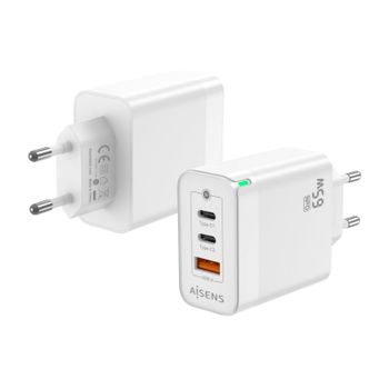 Aisens ASCH-65W3P007-W Cargador GaN de Pared 2x USB Tipo-C/ 1x USB 65W Blanco