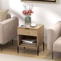 mesita de noche moderna con estacion de carga con cajon y compartimento abierto mesa auxiliar para salon dormitorio natural cfw20031