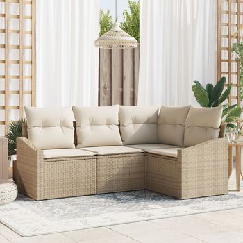 Conjunto De Sofá De Jardín De 4 Piezas Con Cojines Beige Poliéster V2874 Unico / Beige