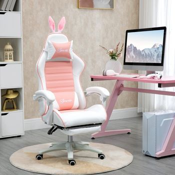 Silla Gaming Rosa Con Orejas De Conejo, Reposapiés Y Respaldo Reclinable
