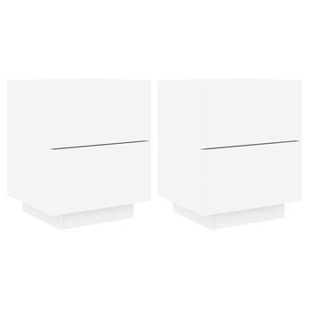 Pack 2 Uds Mesitas De Noche | Mesa Auxiliar | Mesilla Con Luces Led Madera Ingeniería Blanca
