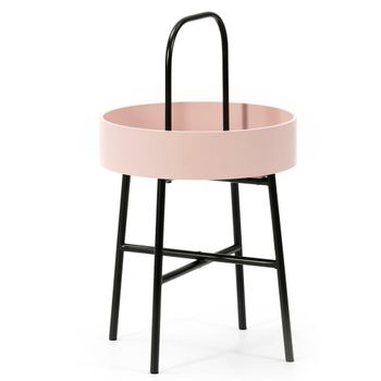 Mesa auxiliar redonda rosa con estructura metálica negro mate