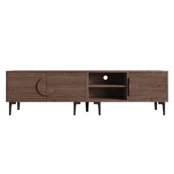 Mueble De Tv 180 Cm En Marrón Nogal, 3 Puertas, 2 Estantes Abiertos Y 7 Patas