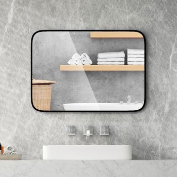 Espejo De Baño Rectangular 70 X 50 X 2 Cm Montado En Pared Con Marco De Aluminio Negro