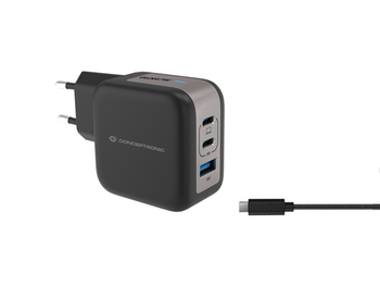 CARGADOR DE PARED CONCEPTRONIC USB-C x2 USB-Ax1 QUICKCHARGE 3.0 PPS 67W INCLUYE CABLE COLOR NEGRO