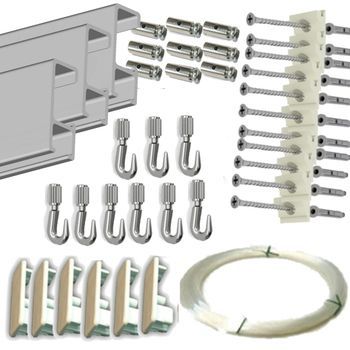 Pack Basic Fast De 9 Metros Guías De Aluminio Blanco O Plata Mate Con 9 Colgadores Nylon Para Colgar Cuadros.