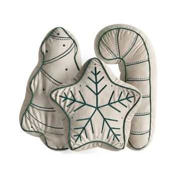 Conjunto De 3 Cojines Decorativos De Terciopelo Motivo Navideño Pan De Jengibre 40 X 40 Cm 60 X 40 Cm 70 X 35 Cm Beige Claro Y Verde Jollytrio