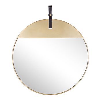 Espejo De Pared Metal Dorado Correa De Cuero Sintético Redondo 60 Cm Pieza Decorativa Para Colgar Acento Moderno Glamour Gurs