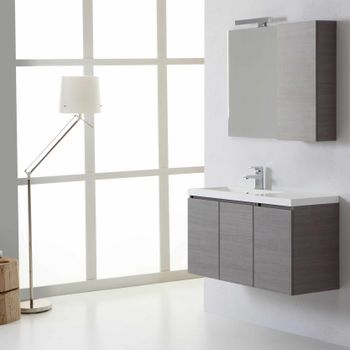Mueble De Baño Suspendido De 90 Cm Con 3 Puertas, Lavabo Descentrado A La Izquierda, Espejo Con Armario Derecho | Manhattan