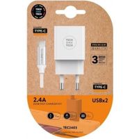 tech one tech tec2403 cargador de pared 2xusb 24a  cable usb-c blanco
