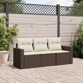 Conjunto Sofás De Jardín 3 Uds | Mueble Jardin Mesa Y Sillas Y Cojines Ratán Sintético Marrón Cfw901698