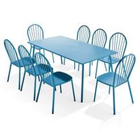 mesa de jardin y conjunto de 8 sillas de bistro en acero azul pacifico palavas - oviala