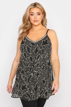 Luxe Top Negro De Tirantes Con Adorno De Cuentas Y Lentejuelas, Mujer Curvy Y Tallas Grandes, Luxe: Ultimate Embellishment