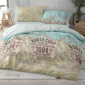 Juego Funda Nórdica 50% Algodón Vintage Mapas Cama De 200 Cm Color Gris Burrito Blanco