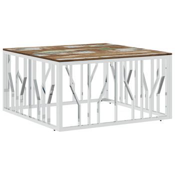 Mesa De Centro 80x80x40 Cm Acero Inoxidable, Madera Maciza Reciclada Con Acabado Multicolor - Plateado