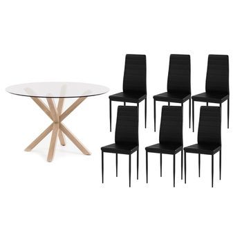 Pack Mesa Redonda De Cristal Templado + 6 Sillas Polipiel/metal Negro 120x75 Cm