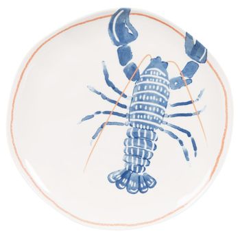 Plato llano de cerámica modelada blanca con langosta azul