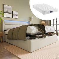cama tapizada doble con almacenamiento hidraulico y luz led 160x200cm blanca con colchon