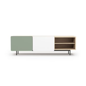 Mueble tv melamina roble-verde-blanco patas grafito 54x180x44 cm