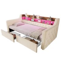 cama tapizada 90x190 con luces led y usb cabecero con estante y 2 cajones cama individual de terciopelo beige