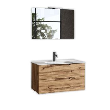 Mueble de baño con espejo de 4 piezas en mdf roble nudo