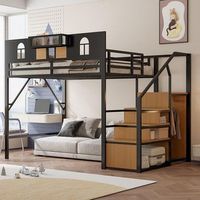 cama alta 140 x 200 cm metal escalera ventana de madera y tela de malla barrera elevada espacio de almacenamiento  negro