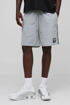 Pantalón Corto Holgado De Nailon Fruncido Con Brillo Intenso, Gris