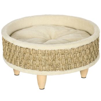 PawHut Cama para Perros Miniaturas con Cojín Lavable Cuerda de Seagrass y Marco de Madera Ø48x24,5 cm Beige