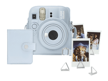 Kit cámara instantánea - Fujifilm Instax Mini 13, Funda cuero sintético + Álbum de fotos Clips, Azul helado