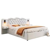 cama contenedor moderna 180 x 200 cm - 2 mesitas de noche 2 lamparas de noche y usb - tela de lino - beige