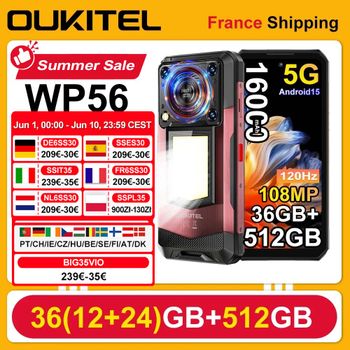 Smartphone OUKITEL WP56 36GB (12+24) 512GB Android 15 16000 mAh 45W Lampe de camping 6,8 ''120Hz 128dB 108 MP 5G Teléfono móvil