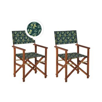 Conjunto De 2 Sillas De Jardín De Madera De Acacia Oscura Verde Oscuro Blanco Aceitunas Plegable Cine
