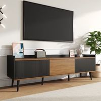 mueble para tv - 3 puertas con relieve a rayas y bordes elevados - mdf y pb - negro y natural 160x39x495cm