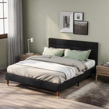 Cama Con Cabecero - 140 X 200 Cm - Tela De Lino - Negro