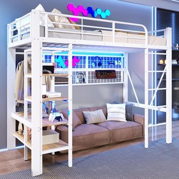 Cama Altillo 90 X 200 Cm Estructura Hierro Almacenaje Red Colgador Espacio Abierto Tira Led Sin Colchón Blanco