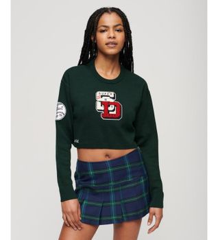 Superdry para mujer. W6110537A Jersey corto de cuello redondo Varsity verde verde (M), Casual, Algodón Orgánico, Sostenible