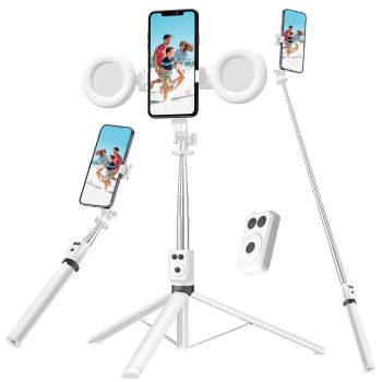 BT12 Bastón de Selfie Trípode con Luz de Relleno Trípode de Acero Inoxidable Selfie Stick Control Remoto Bluetooth Sopor