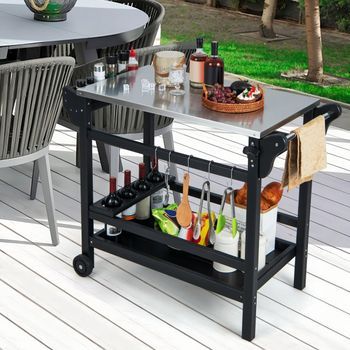 Carrito De Comedor Con Soporte Para Horno De Pizza Mesa De Acero Inoxidable Botellas De Vino Negro