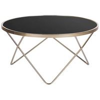 mesa de centro tablero de cristal templado negro patas de horquilla de metal dorado forma redonda meridian ii