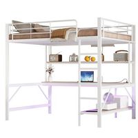 cama alta de metal de 140 x 200 cm con escritorio estante y escalera - toma usb y red electrica - led - blanco sin colchon