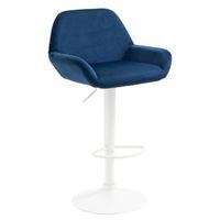 taburete de bar en terciopelo azul acolchado base trompeta en metal blanco mate tdb10412