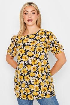 Yours Blusa De Manga Corta Flores Amarilllas, Mujer Curvy Y Tallas Grandes, Yours