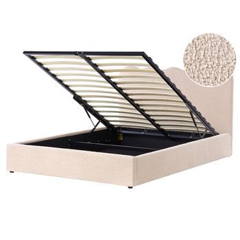 Cama Con Somier Tapizado De Bouclé 160 X 200 Cm Con Cabecero Espacio Almacenaje Elevable Beige Nanterre