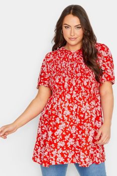 Yours Top Rojo Nido De Abeja Con Flores , Mujer Curvy Y Tallas Grandes, Yours